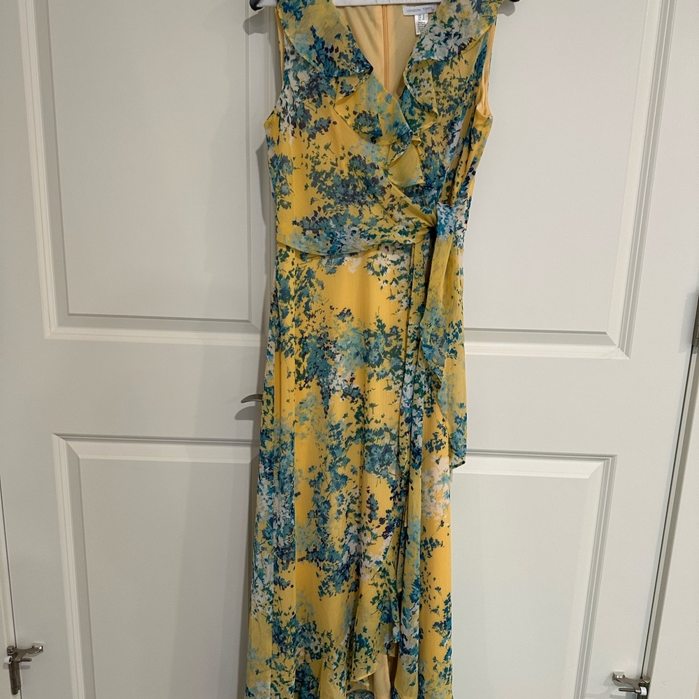 Maggy London Yellow and Blue High Low Sundress V-neck Tie Front